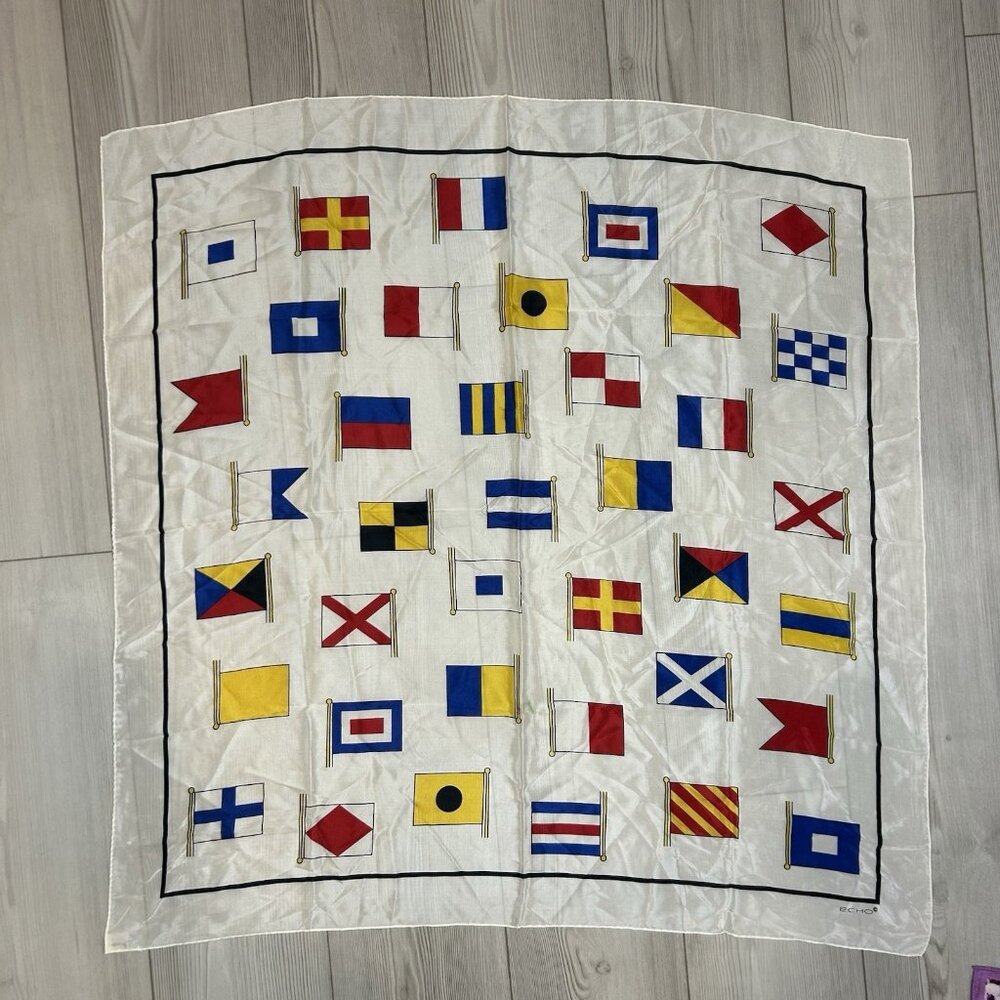 Echo Silk Scarf with Nautical Signal Flag Motif in White, Red, Yellow, Blue